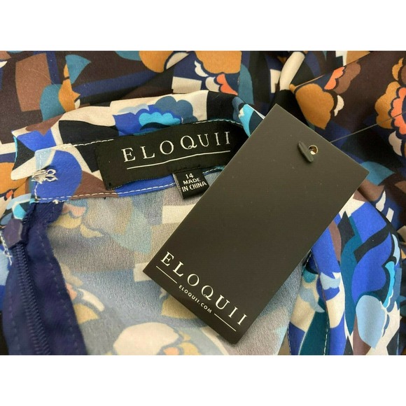 Eloquii NEW 14 Blue Black Geometric Floral Collared Tie Blouse - Picture 4 of 4